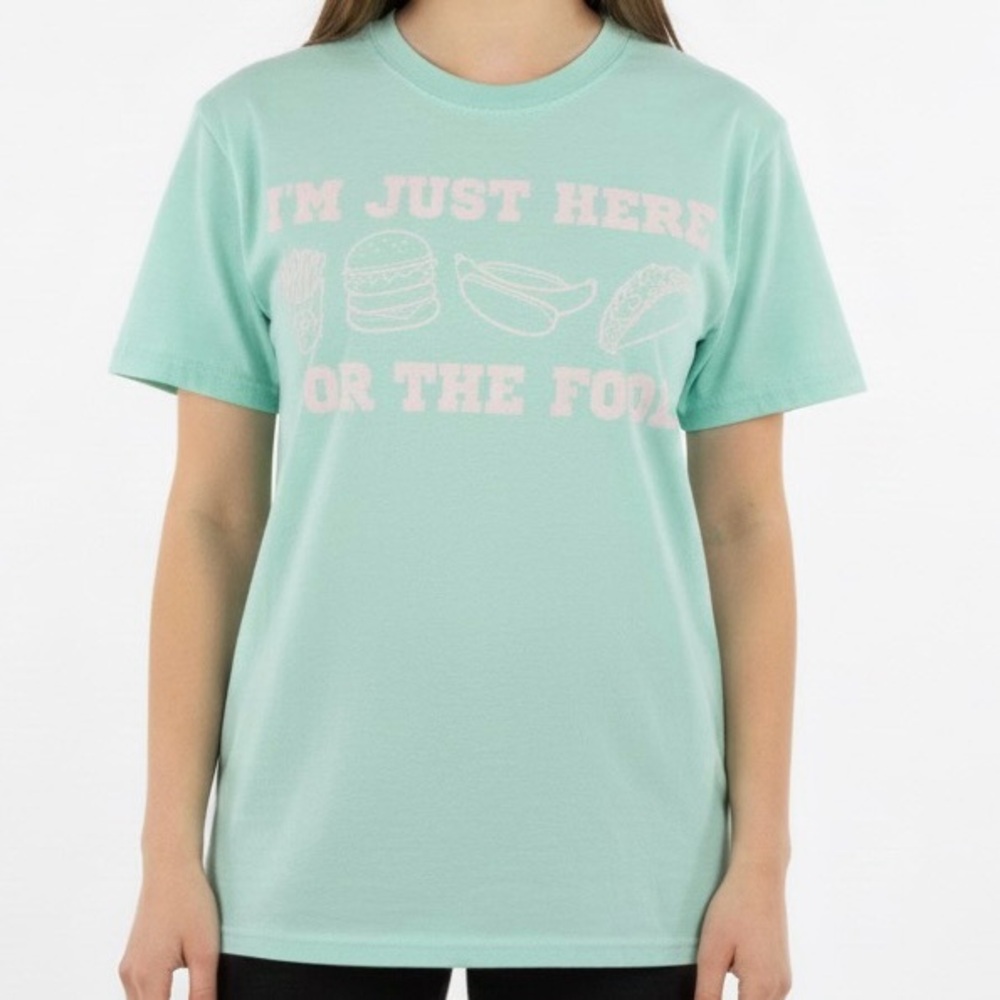 Chemistry 100% Cotton I'M JUST HERE FOR THE FOOD Graphic Tee Aqua Fade Sz S EUC
